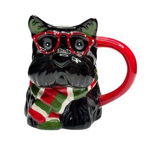 ⭐ Vintage Scottie Dog Mug • Black w/ Red Glasses & Holiday Scarf ⭐